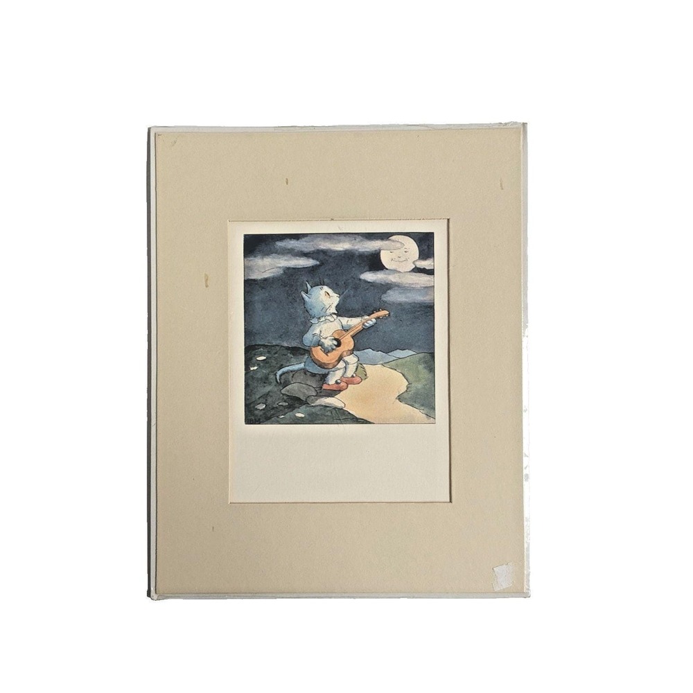 Ida Bohatta Sing a Song 1983 Ars Edition Litho Print Cat Guitar Moon Matted 8x10
